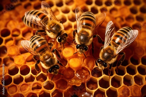 Close up of honey bee on honeycomb. Backyard beekeeping or apiculture hobby. Crop pollinators.