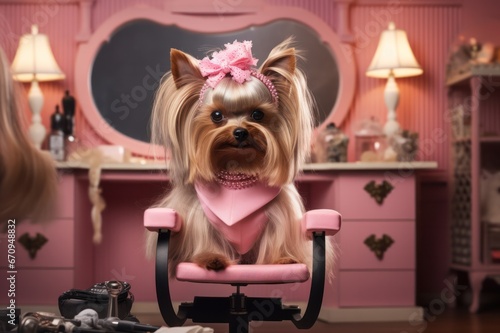 cute yorkshire terrier dog or yorkie in grooming beauty salon with pink interior photo
