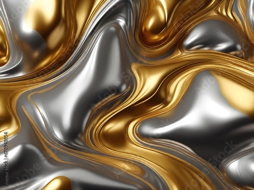 gold and silver liquid ink churning together,  realistic texture in 8k quality. Digital art 3D illustration. Metalic colours.