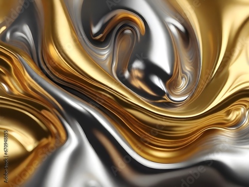 gold and silver liquid ink churning together,  realistic texture in 8k quality. Digital art 3D illustration. Metalic colours.