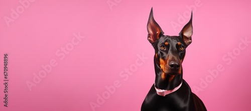 black doberman pinscher dog on pink background banner copy space left. Pet products store, vet clinic, grooming salon poster banner.
