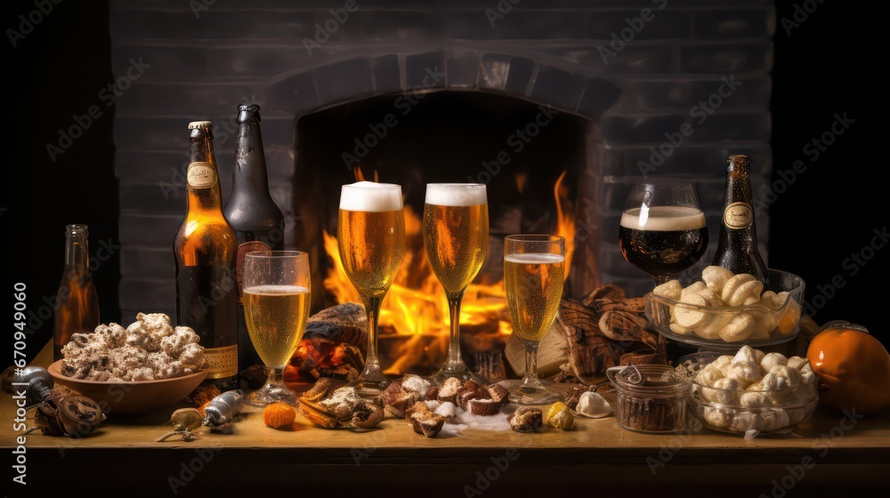 Fototapeta premium Cheers with craft beer by the cozy fireplace, a perfect celebration moment.