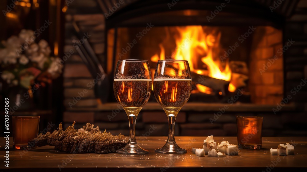 Cheers with craft beer by the cozy fireplace, a perfect celebration moment. Cheers with craft beer by the cozy fireplace, a perfect celebration moment.