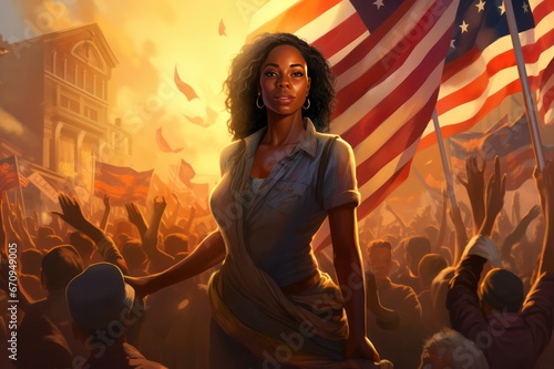 Photographie Beautiful black woman portrait with American flag for Juneteenth National Independence Day illustration