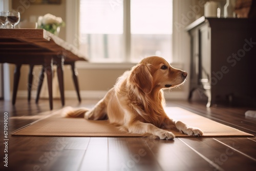 golden retriever lying on yoga mat in modern living room interior. At home yoga class, Life with pets.