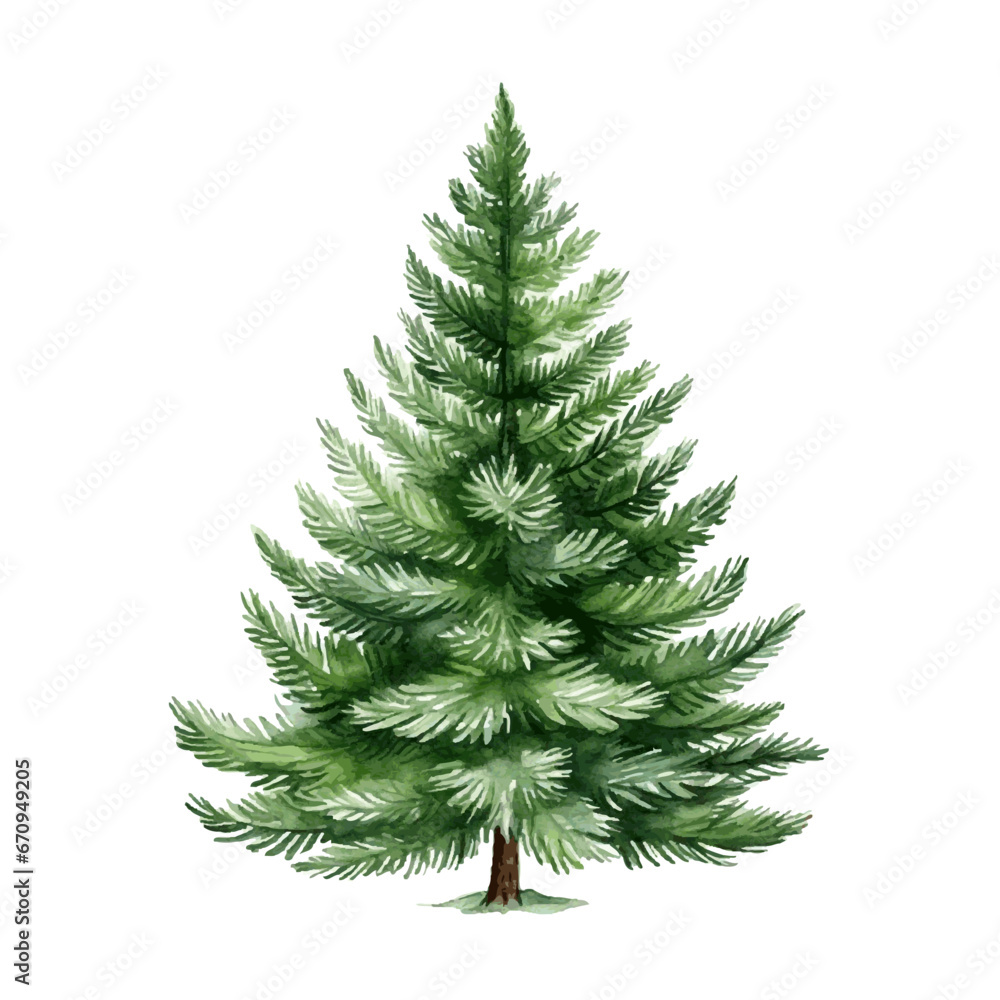 Christmas green tree with decor and gift boxes for decoration greeting card watercolor paint on white background Christmas green tree with decor and gift boxes for decoration greeting card watercolor paint on white background