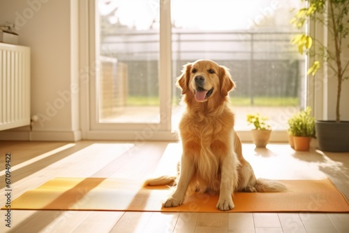 golden retriever practicing yoga on mat at home in modern minimal interior with green plants