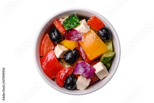 Delicious juicy Greek salad with feta cheese  olives  cucumber and tomatoes