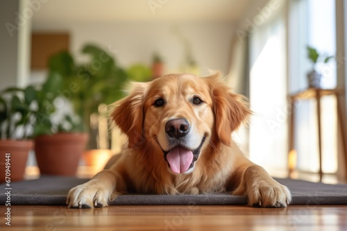 golden retriever practicing yoga on mat at home in minimal interior