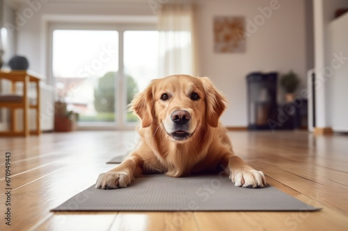 golden retriever practicing yoga on the mat at home in minimal modern interior © Dina