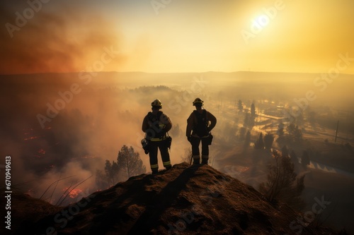 Silhouette of two firefighters from behind aerial view  with fire and smoke in forest as background. First responders at wildfire in action. 