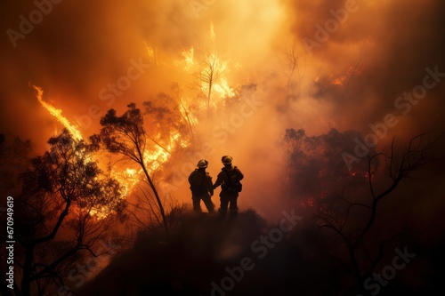 Silhouette of two firemen aerial view from behind with fire in forest as background. First responders at wildfire in action.
 photo