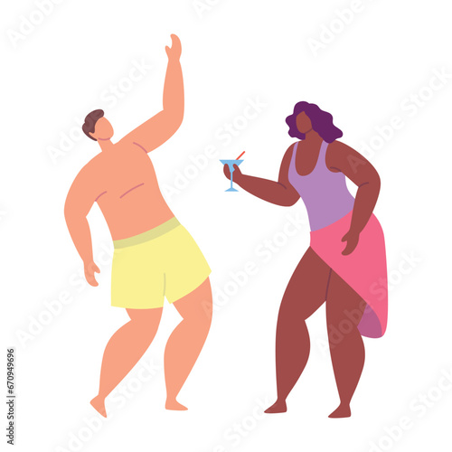 Cartoon Color Characters Couple Dancing Beach Party Concept Flat Design Style. Vector illustration of Man and Woman Relaxing