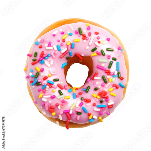 Sweet strawberry glazed donuts with sprinkles on isolated background. Delicious colorful donut. AI