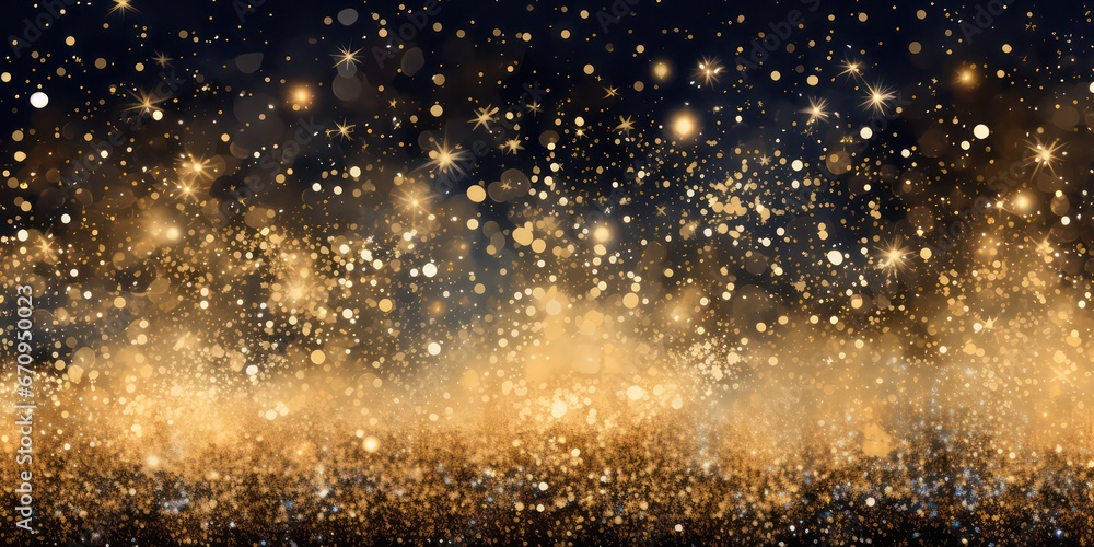 Immerse yourself in the enchantment of an abstract gold glitter background adorned with sparkling fireworks. A perfect representation of the festive spirit, ideal for Christmas Eve, New Year, and 4th. - obrazy, fototapety, plakaty 