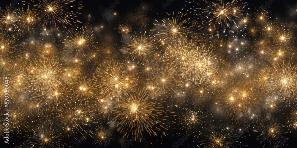 Fototapeta premium Immerse yourself in the enchantment of an abstract gold glitter background adorned with sparkling fireworks. A perfect representation of the festive spirit, ideal for Christmas Eve, New Year, and 4th.