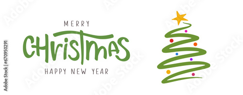 Banner with christmas tree. Merry Christmas and Happy New Year lettering