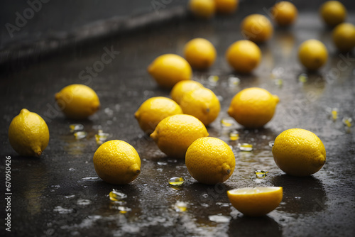 Fresh lemons scattered on a dark grey concrete street during rain. Healthy citrus fruit with water drops.