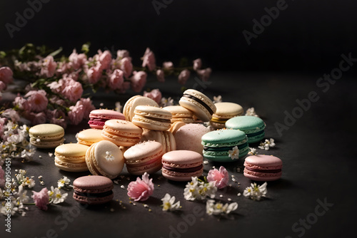 Creative cookie concept made with colorful French macarons and pink and white flowers scattered on a black background. Sweet dessert aesthetic.