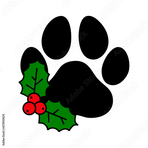 Tiempo de Navidad. Logo pet friendly. Silueta de zarpa de perro o gato con hojas y bayas de acebo para su uso en invitaciones y tarjetas