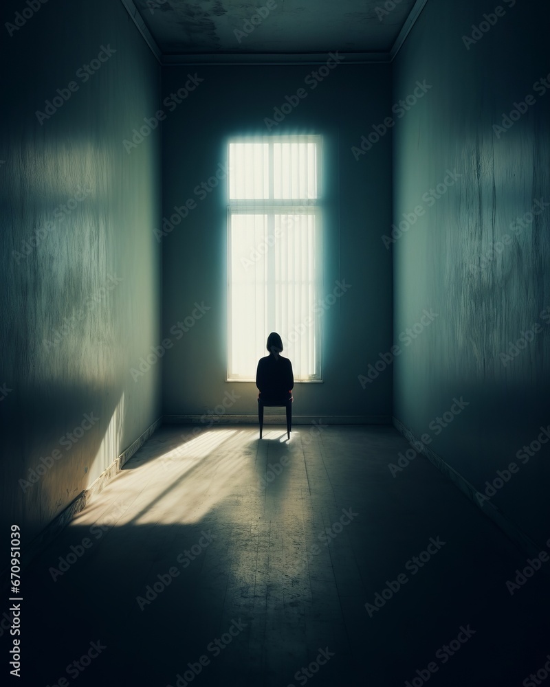 A lonely girl, a woman sitting on a chair by the window in an empty room. loneliness, fatigue, hopelessness. Female depression.