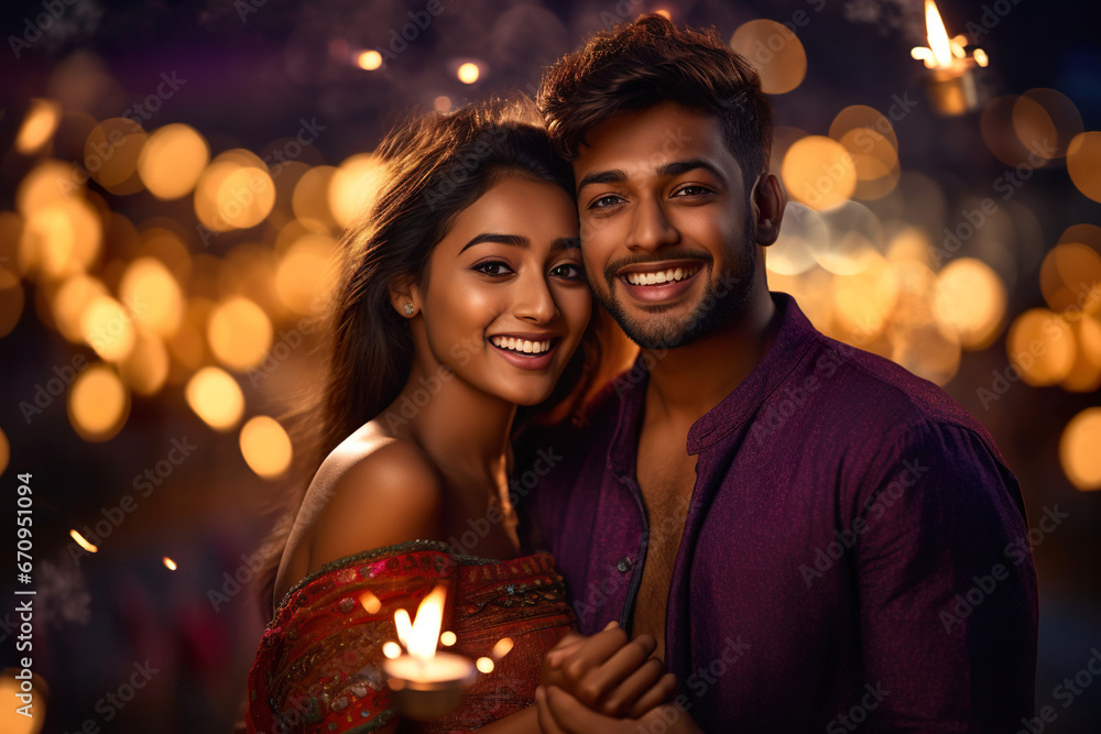 Happy smiling Indian ethnic young couple celebrating Diwali festival with lights