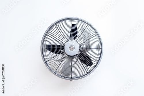 A metal fan hanging on a white wall.