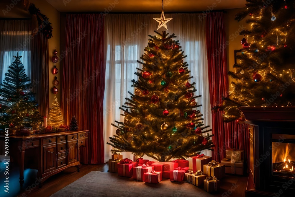 The room's Christmas tree shines brightly with festive lights