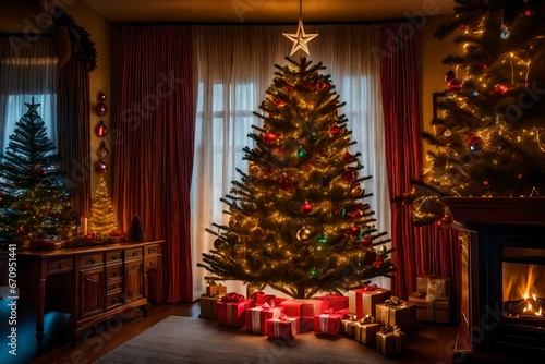 The room s Christmas tree shines brightly with festive lights