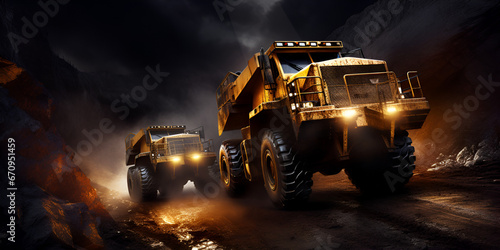 A large dump truck driving through a dirt field Dumper truck in the style of national geographic playful machines Industry mining truck in a coal mine at work on night view background Ai Generative