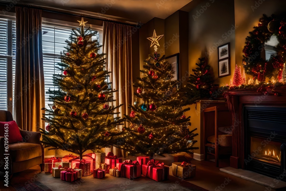 The room's Christmas tree shines brightly with festive lights