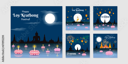 Vector illustration of Happy Loy Krathong social media feed set template