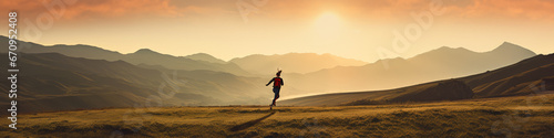 Panoramic illustration of mountain runner surrounded by graduating hills at sunset 
