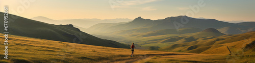 Panoramic illustration of mountain runner surrounded by graduating hills at sunset 