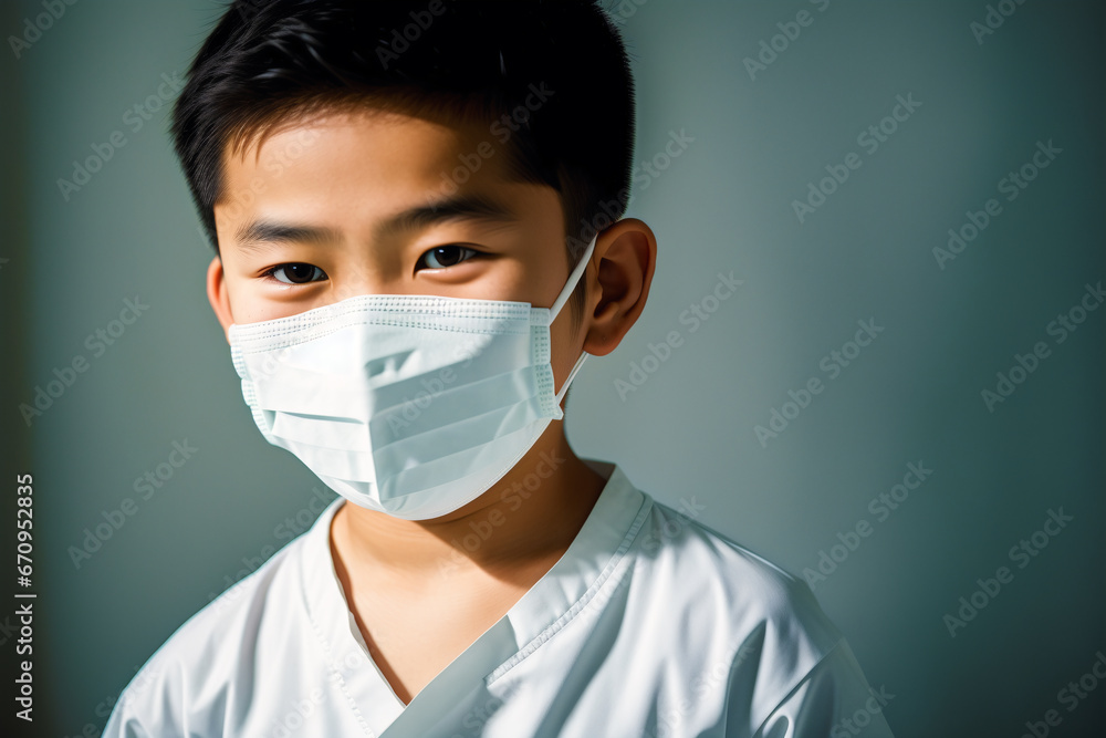 An asian boy wearing protective mask. COVID 19. Mask-Wearing with Confidence. Generative AI An asian boy wearing protective mask. COVID 19. Mask-Wearing with Confidence. Generative AI