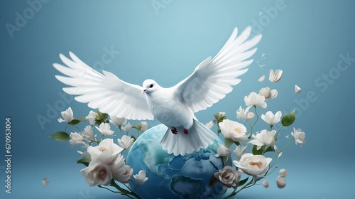 Fototapeta Naklejka Na Ścianę i Meble -  White dove and planet earth. International Day of Peace concept.