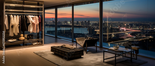 Modern luxury residence interior with panoramic night view, sunset