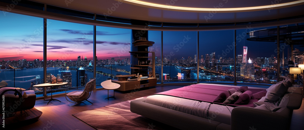 Modern luxury residence interior with panoramic night view, hotel at ...