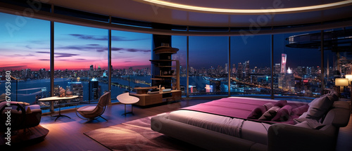 Modern luxury residence interior with panoramic night view, hotel at night photo