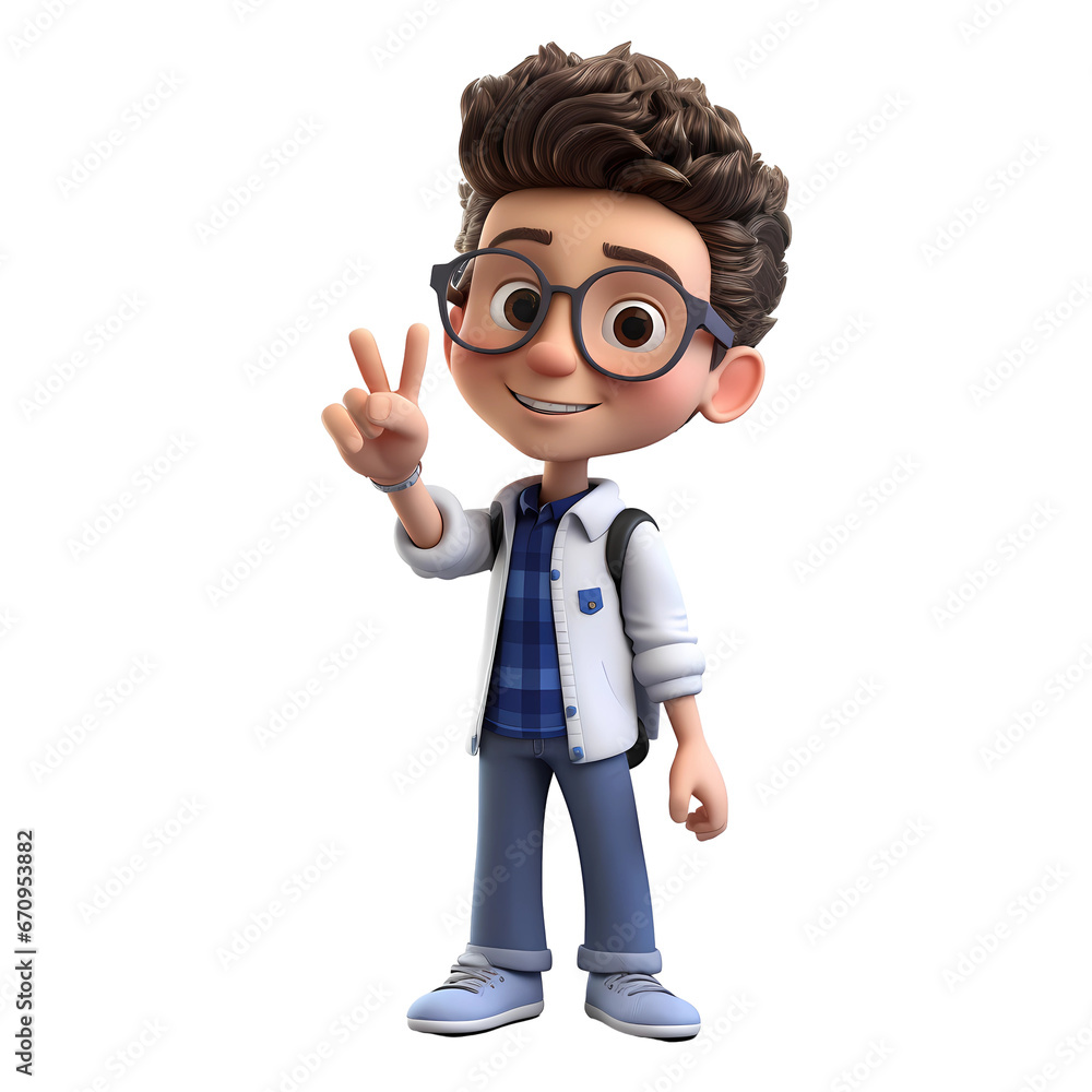 3d cartoon of a friendly funny school-aged kid in glasses on a white background 3d cartoon of a friendly funny school-aged kid in glasses on a white background