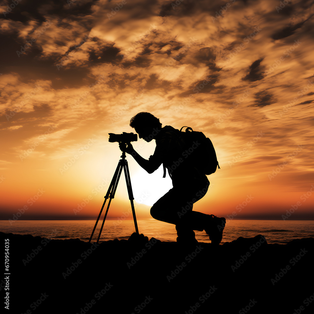 photographer capturing a sunset isolated on white background, png