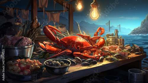 crab and other seafood on a table in a rocky bay