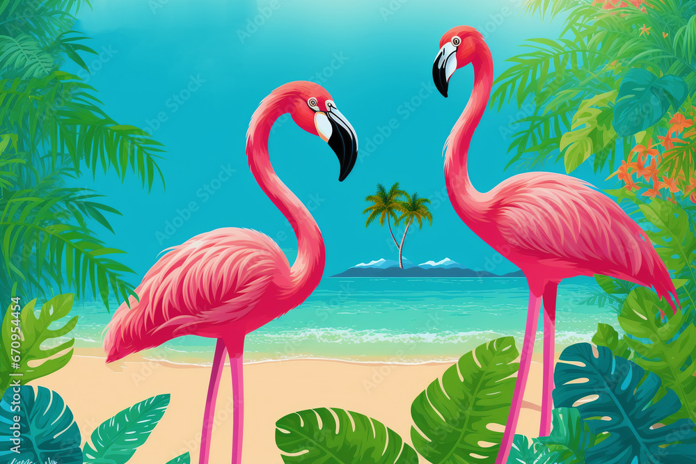 Obraz premium Summer vacation concept. Flamingo Paradise. Exploring the Vibrant Coastal Wonders. Generative AI
