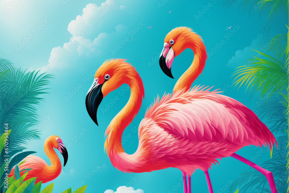 Fototapeta premium Summer vacation concept. Flamingo Paradise. Exploring the Vibrant Coastal Wonders. Generative AI