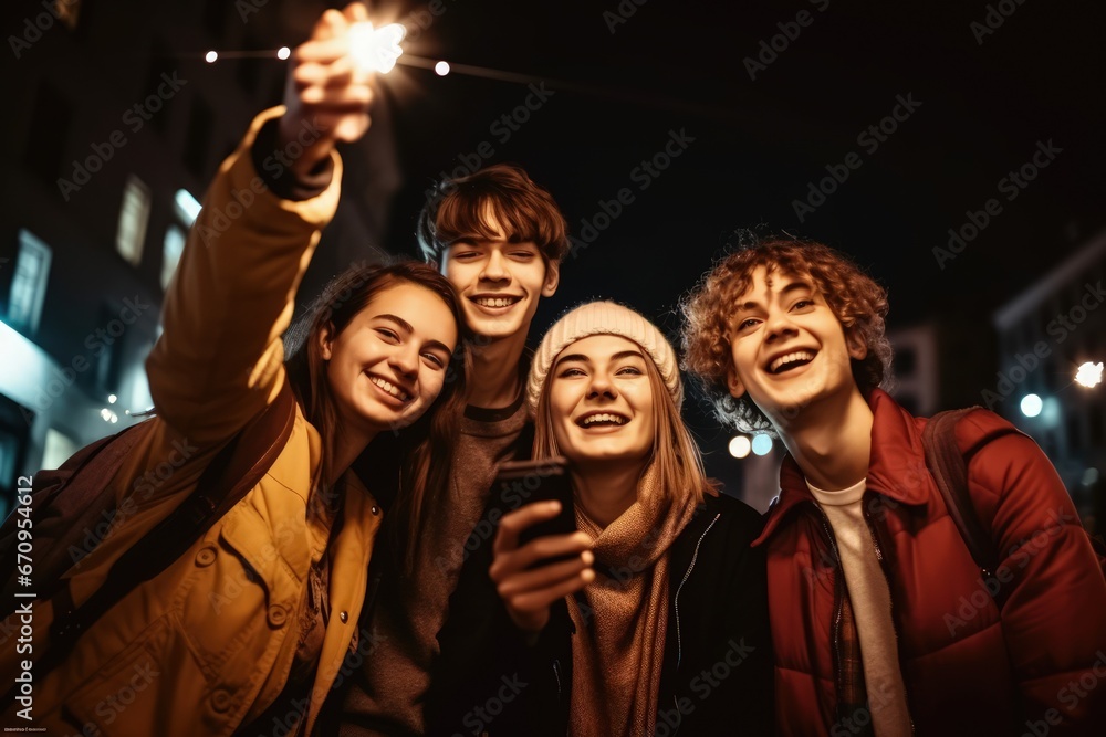cheerful group of teens capturing outdoor selfie