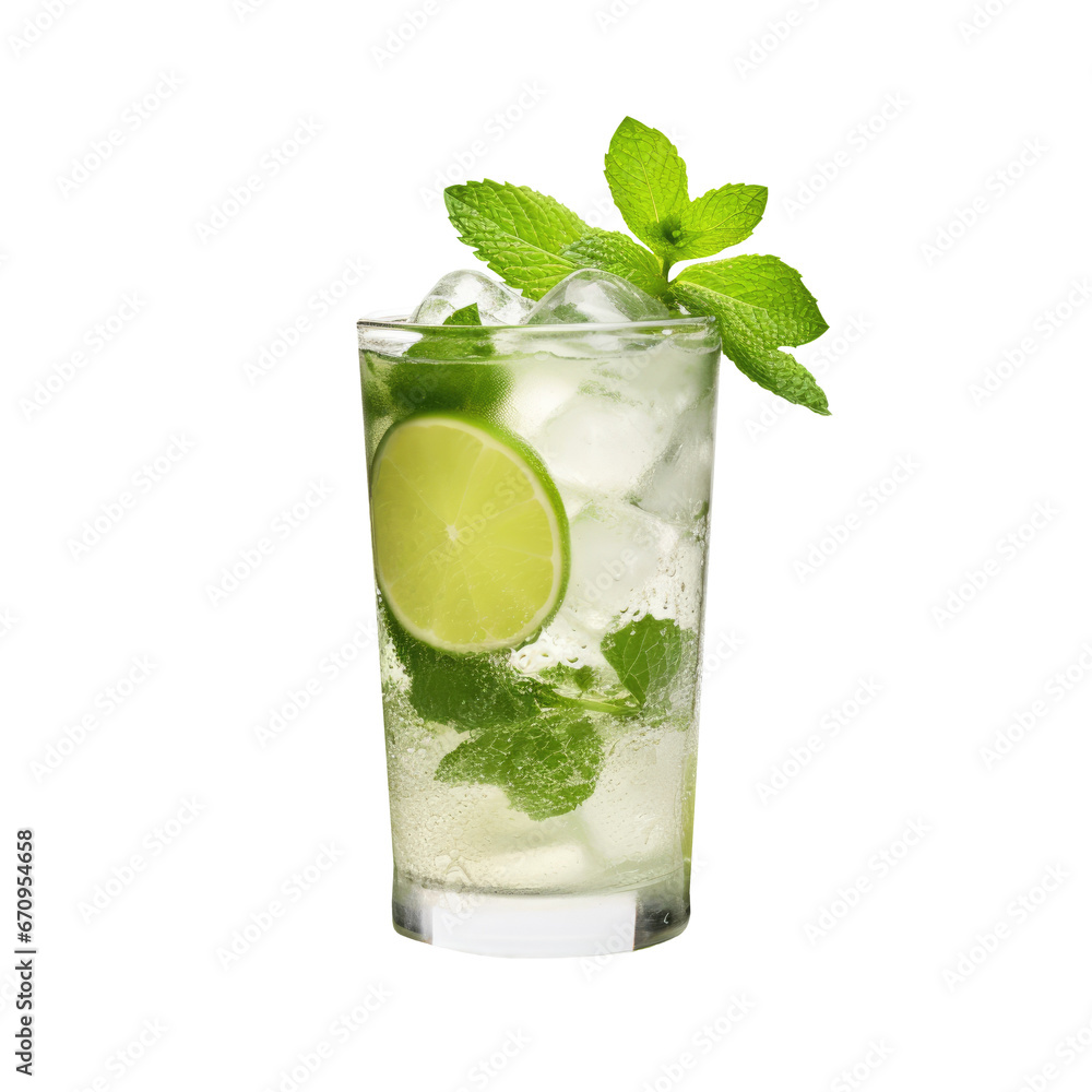Mojito cocktail on white background. Isolated element for menu and bar card. Traditional cocktail. AI Mojito cocktail on white background. Isolated element for menu and bar card. Traditional cocktail. AI