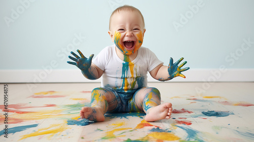 The happy little boy with Down syndrome dirty with paint