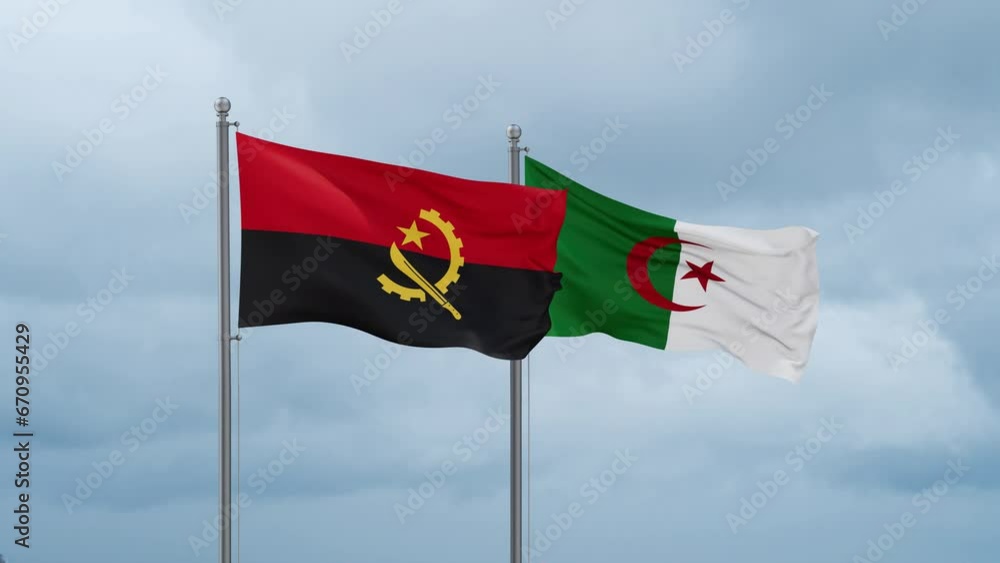 Angola flag and Algeria flag waving together on cloudy sky, endless seamless loop Angola flag and Algeria flag waving together on cloudy sky, endless seamless loop