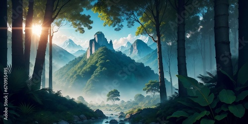 Landscape  green summer jungle in the mountains. Generative AI