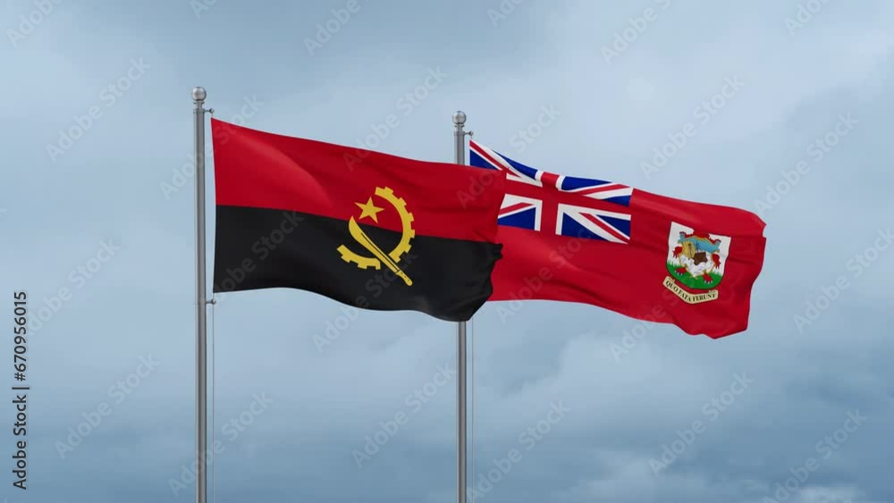Angola flag and Bermuda or Somers Isles flag waving together on cloudy sky, endless seamless loop Angola flag and Bermuda or Somers Isles flag waving together on cloudy sky, endless seamless loop